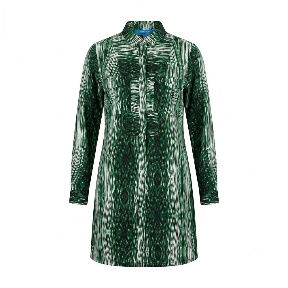Derek Lam DesigNation Cotton Shirt Dress L Large Green Black Woodgrain Print L